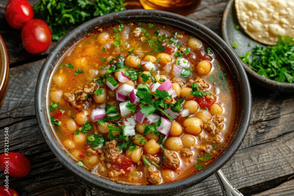 pozole soup on wooden background. ai generated pozole soup on wooden background. ai generated