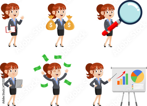 Business Woman Cartoon Character. Vector Flat Design Collection Set Isolated On Transparent Background
