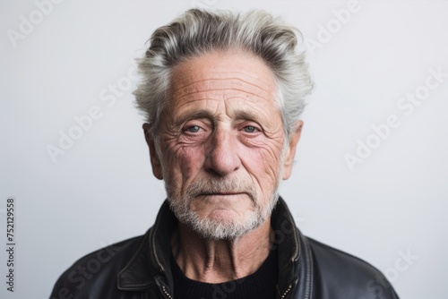 Portrait of an old man with grey hair and beard in leather jacket