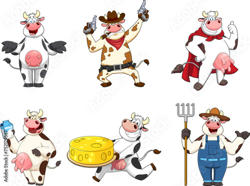 Cow Cartoon Characters. Vector Hand Drawn Collection Set Isolated On White Background 