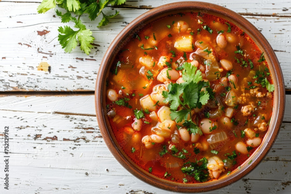 pozole soup on a white wooden background. ai generated pozole soup on a white wooden background. ai generated