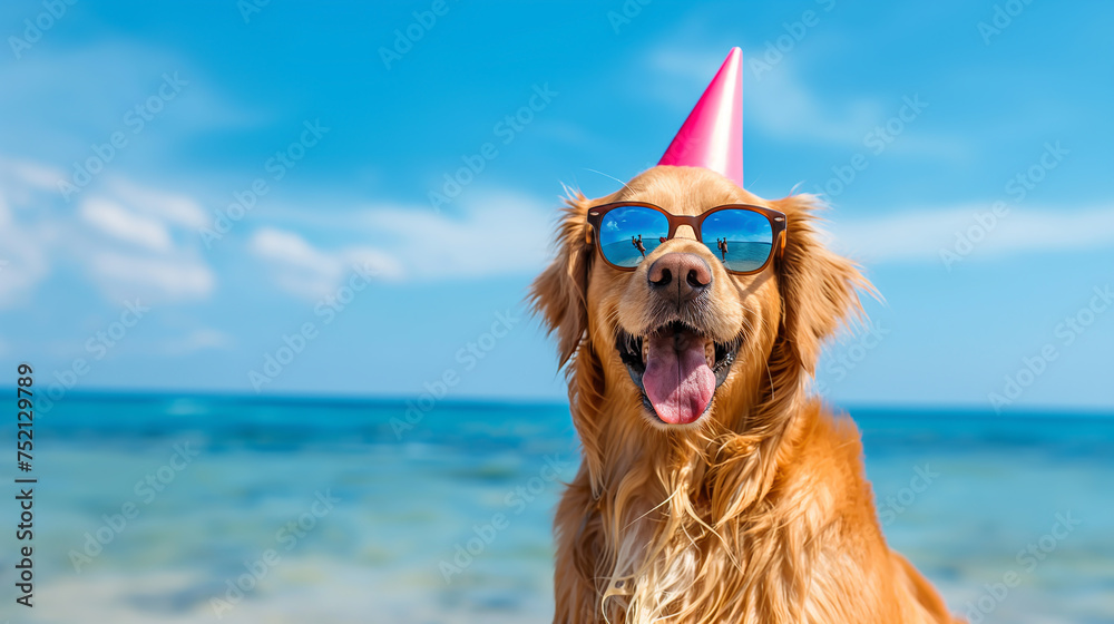 Golden Retriever dog wearing sunglasses and party hat 
 on a blue sea and sky background with copy space