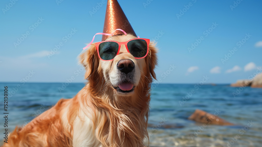 Golden Retriever dog wearing sunglasses and party hat 
 on a blue sea and sky background with copy space