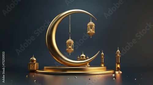 3d Luxury Islamic platform with gold crescent moon, traditional islamic lantern, and mosque. Horizontal Islamic podium banner for product display, presentation, cosmetic, base, ramadan sales.