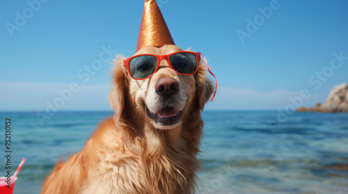 Golden Retriever dog wearing sunglasses and party hat on a blue sea and sky background with copy space