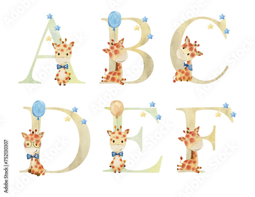 Photography Watercolor letters with giraffes for invitation card, nursery poster and other