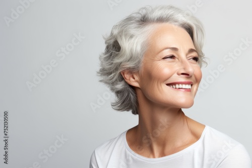 Portrait of happy senior woman smiling, looking at camera, over grey background