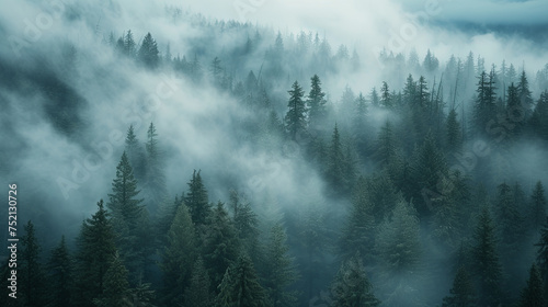 fog falls through trees in the wood Generative AI 
