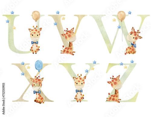 Photography Watercolor letters with giraffes for invitation card, nursery poster and other