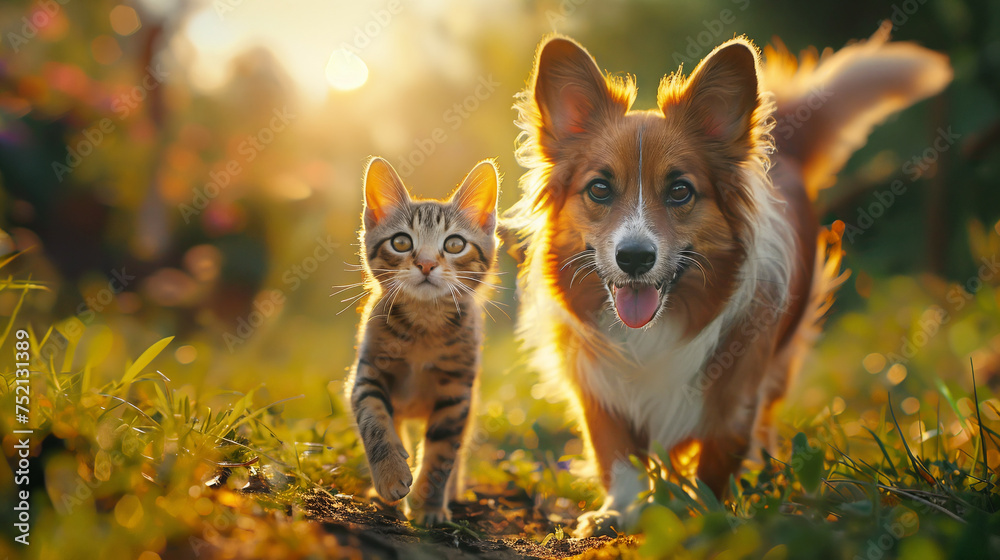  A cat and a dog are walking on a green sunny meadow.   AI Generative - obrazy, fototapety, plakaty 