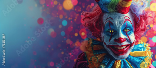 Creepy clown with a scary smile. Halloween banner, empty space. Generative AI © k_e_n