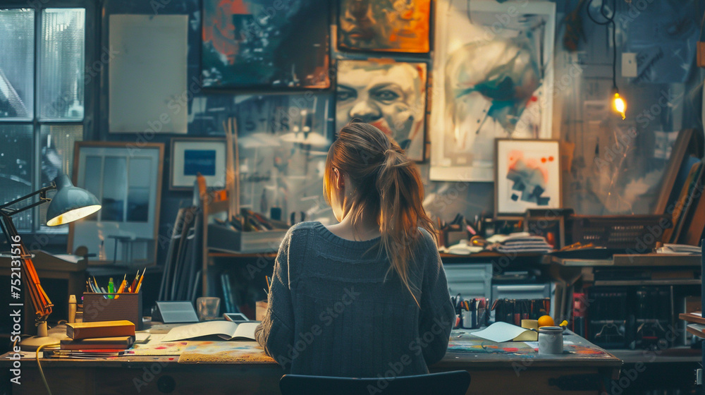 Designer working in a creative studio artistic lifestyle surrounded by art and materials light from multiple sources Designer working in a creative studio artistic lifestyle surrounded by art and materials light from multiple sources