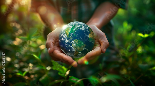 Environmental activist in a forest conceptual photo holding the Earth in hands emphasizing the connection with nature