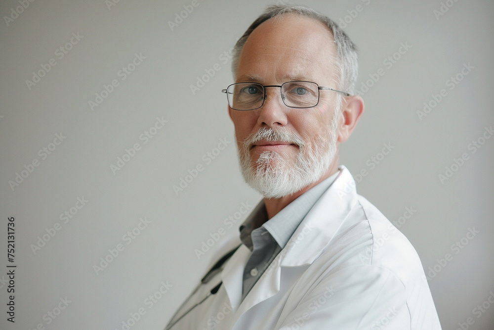 Minimalist portrait of a doctor white background natural window light wearing white lab coat looking confidently at the camera Minimalist portrait of a doctor white background natural window light wearing white lab coat looking confidently at the camera