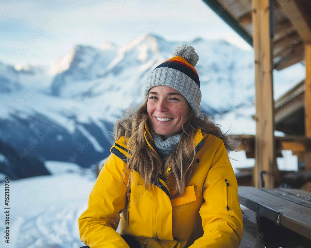 Scandinavian skier resting by a ski lodge cozy attire warm smile snow capped mountains providing a serene backdrop Scandinavian skier resting by a ski lodge cozy attire warm smile snow capped mountains providing a serene backdrop