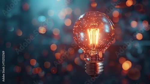 One blazing lightbulb among shut-off lightbulbs in a shadowy place with copy space for original ideas, solutions to problems, and brilliant concepts created using 3D rendering