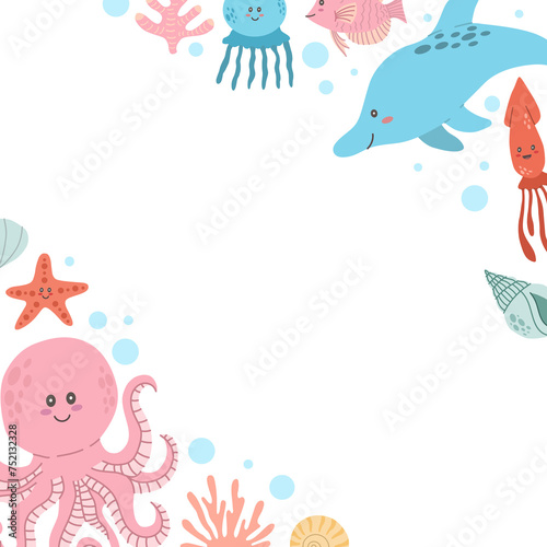 Sea animals png on transparent background, frame, vector