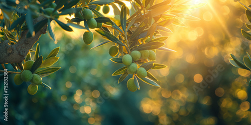 Olive tree with green ripe olives in an olive garden, beautiful copy space background. Green olive tree lit by the rays of the sun, gently swinging in the wind. Beauty, cosmetics and food. photo