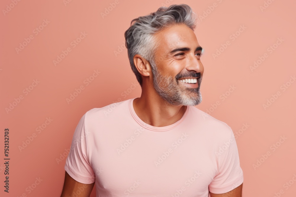 Handsome mature man looking at camera and smiling while standing against pink background Handsome mature man looking at camera and smiling while standing against pink background