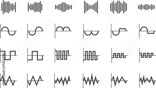 Set of Wave Icons. Digital, Analog Radio Frequency Waveform Design. Editable Vector Illustration. Transparent Background.