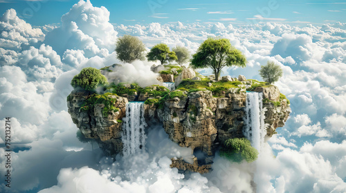 A whimsical island surrounded by white clouds, with stones, waterfall, trees and grass on it. Ecology and nature conservation concept.