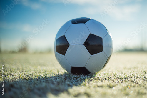 White soccer ball lying on the grass at football pitch