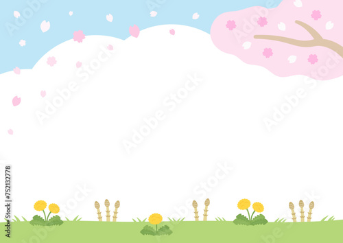 桜とつくしとたんぽぽの春の風景イラスト、コピースペースのあるベクターイラスト素材