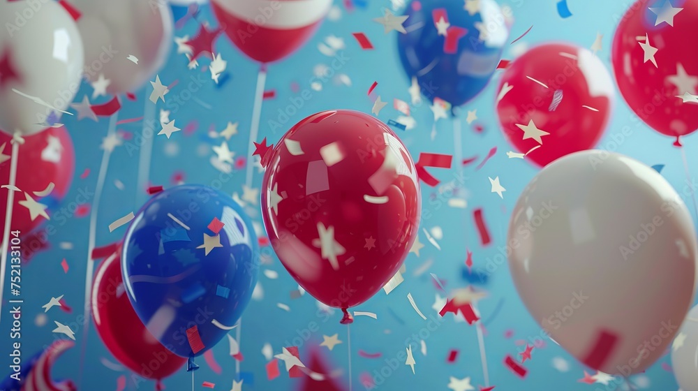 Red, white, and blue patriotic balloons celebrating Presidents' Day against a flag background
