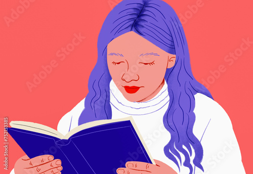 Close up girl with purple hair reading book
