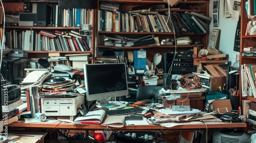 Messy and cluttered office desk; panoramic banner 