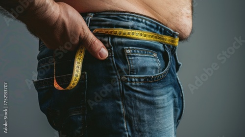Overweight or fat adult man in very tight jeans with measuring tape on a gray background. Healthcare, medicine concept. photo