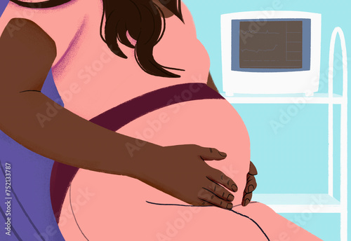 Close up pregnant woman holding stomach in clinic exam room
 photo