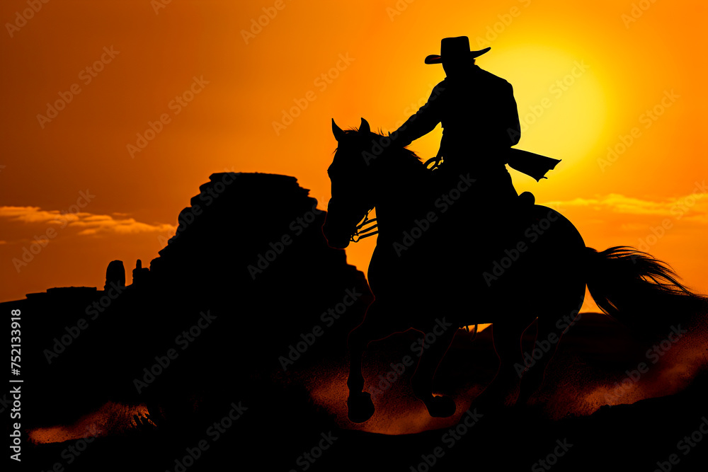 Cowboy riding a horse at sunset. Silhouette style. Ai Generative