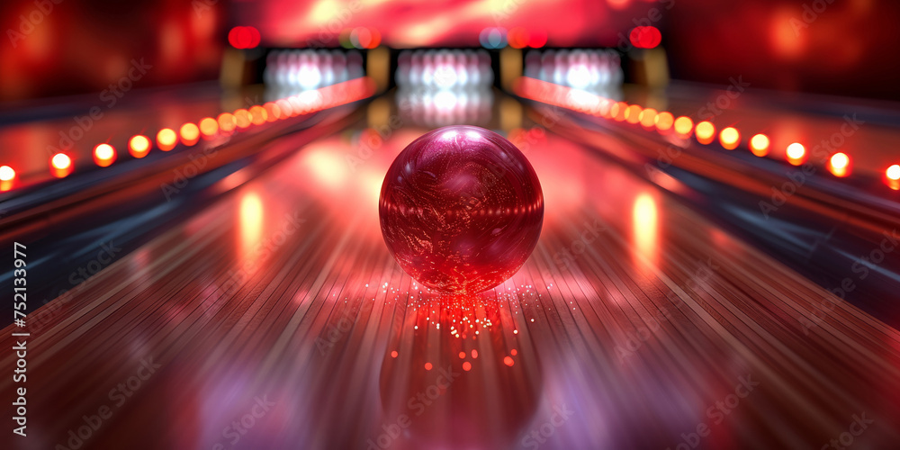 Exciting bowling action in an indoor alley with red and white pins rolling down lanes. Exciting bowling action in an indoor alley with red and white pins rolling down lanes.