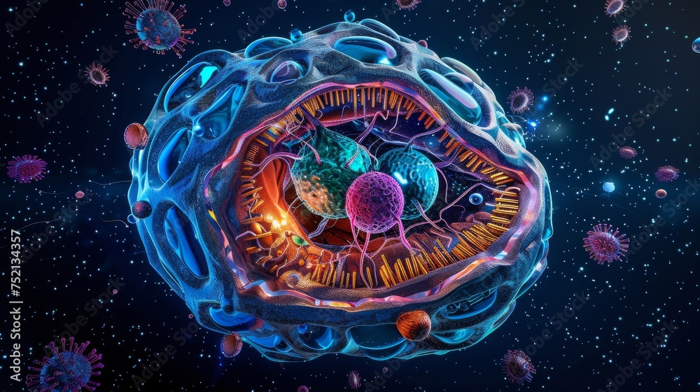 Crosssectional of eukaryote ,plant and animals cell colorful ,cell wall, and Chloroplast,endoplasmic reticulum, ribosome, cell structure, mitochondria nucleus cell biology organelle 3D background