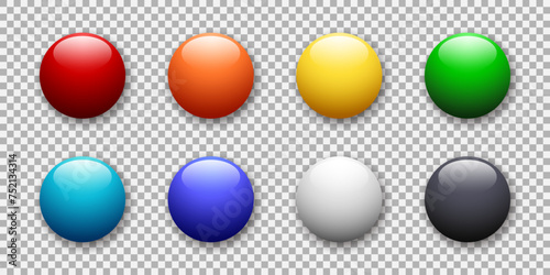 Realistic glossy button. Set of 3d vector glass element of different colors on transparent background. Best for mobile apps  UI and web design.