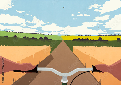POV man bike riding on country road among farm crops in idyllic countryside
 photo