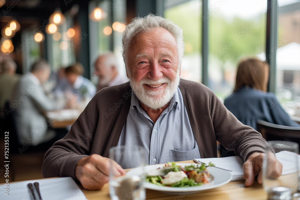Joyful Elderly Man with a Heartwarming Smile Dining in a Cozy Restaurant Joyful Elderly Man with a Heartwarming Smile Dining in a Cozy Restaurant