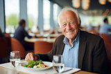 Joyful Elderly Man with a Heartwarming Smile Dining in a Cozy Restaurant