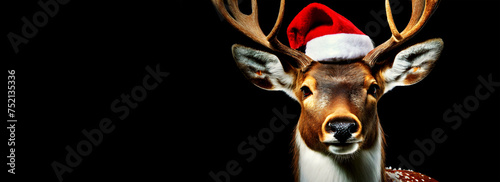 Close-up of a reindeer dressed as Santa Claus on a black background with copy space. Template for a greeting card. Generative Ai.