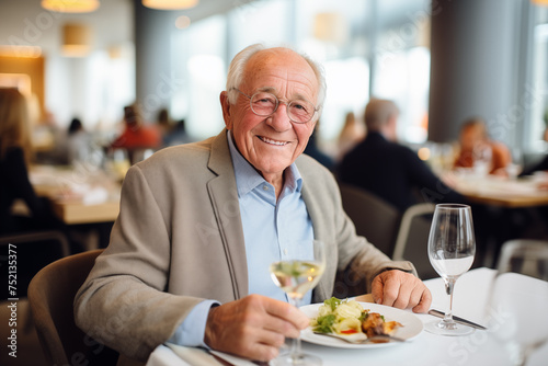 Elegant Senior Gentleman Enjoying Gourmet Meal in Fine Dining Restaurant