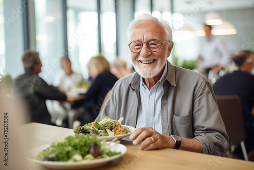 An elderly man in a retirement facility joyfully indulges in a nutritious lunch  reflecting a lifestyle of health and satisfaction.