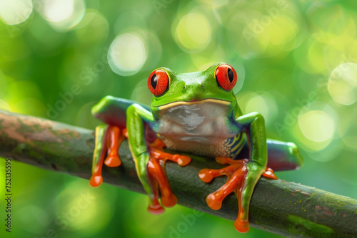 Vibrant red-eyed tree frog on branch against a softly blurred green backdrop. Funny frog in rainforest