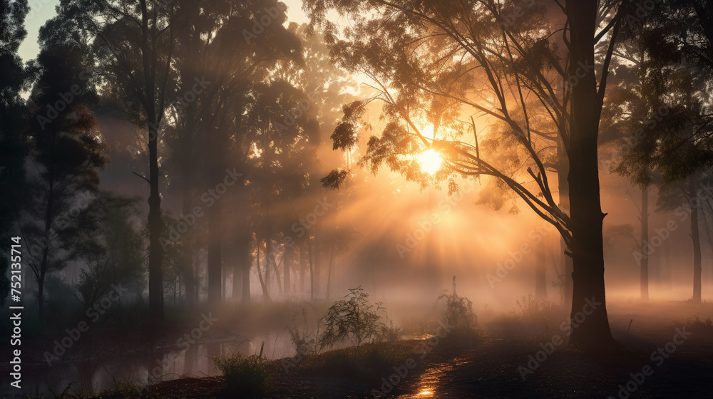 Dawns rays cut through the mist heralding the day. Misty morning sunrise over a tranquil forest lake. The sun's rays break through the mist, casting a serene glow over a calm lake surrounded by a lush Dawns rays cut through the mist heralding the day. Misty morning sunrise over a tranquil forest lake. The sun's rays break through the mist, casting a serene glow over a calm lake surrounded by a lush