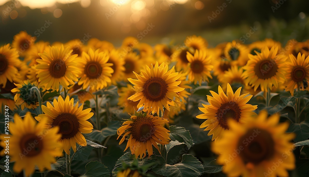 Sunflower field at sunset. Sunflower field at sunrise. Field of yellow fully bloomed sunflowers during summer time. Yellow flower bloom