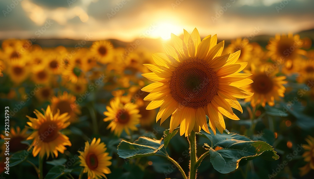 Obraz premium Sunflower field at sunset. Sunflower field at sunrise. Field of yellow fully bloomed sunflowers during summer time. Yellow flower bloom