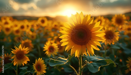 Sunflower field at sunset. Sunflower field at sunrise. Field of yellow fully bloomed sunflowers during summer time. Yellow flower bloom