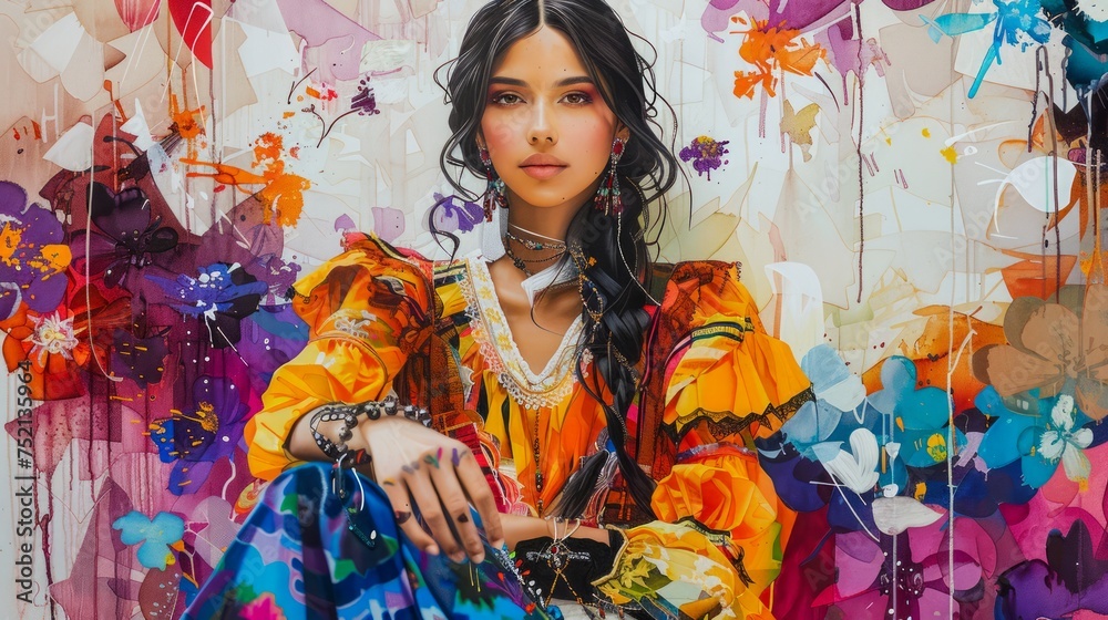 Fototapeta premium Fashionable Young Woman in Bohemian Outfit Against Colorful Abstract Artistic Background