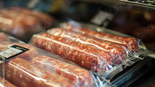 pork sausages, Raw pork sausages packed in plastic trays wrapped in film with labels offered for sale in butcher shop display photo