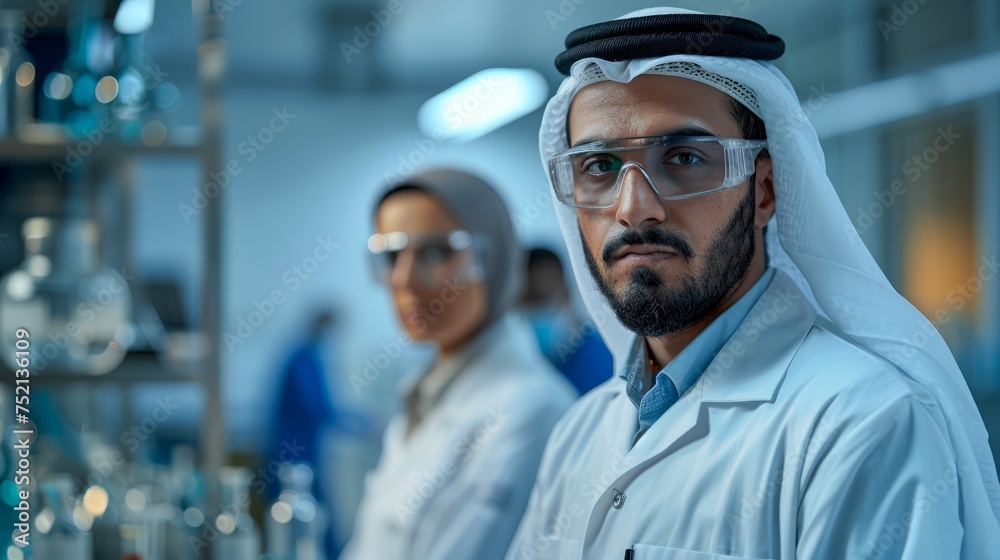 Confident Middle Eastern Male Scientist in Foreground with Female Colleague in Modern Laboratory Confident Middle Eastern Male Scientist in Foreground with Female Colleague in Modern Laboratory